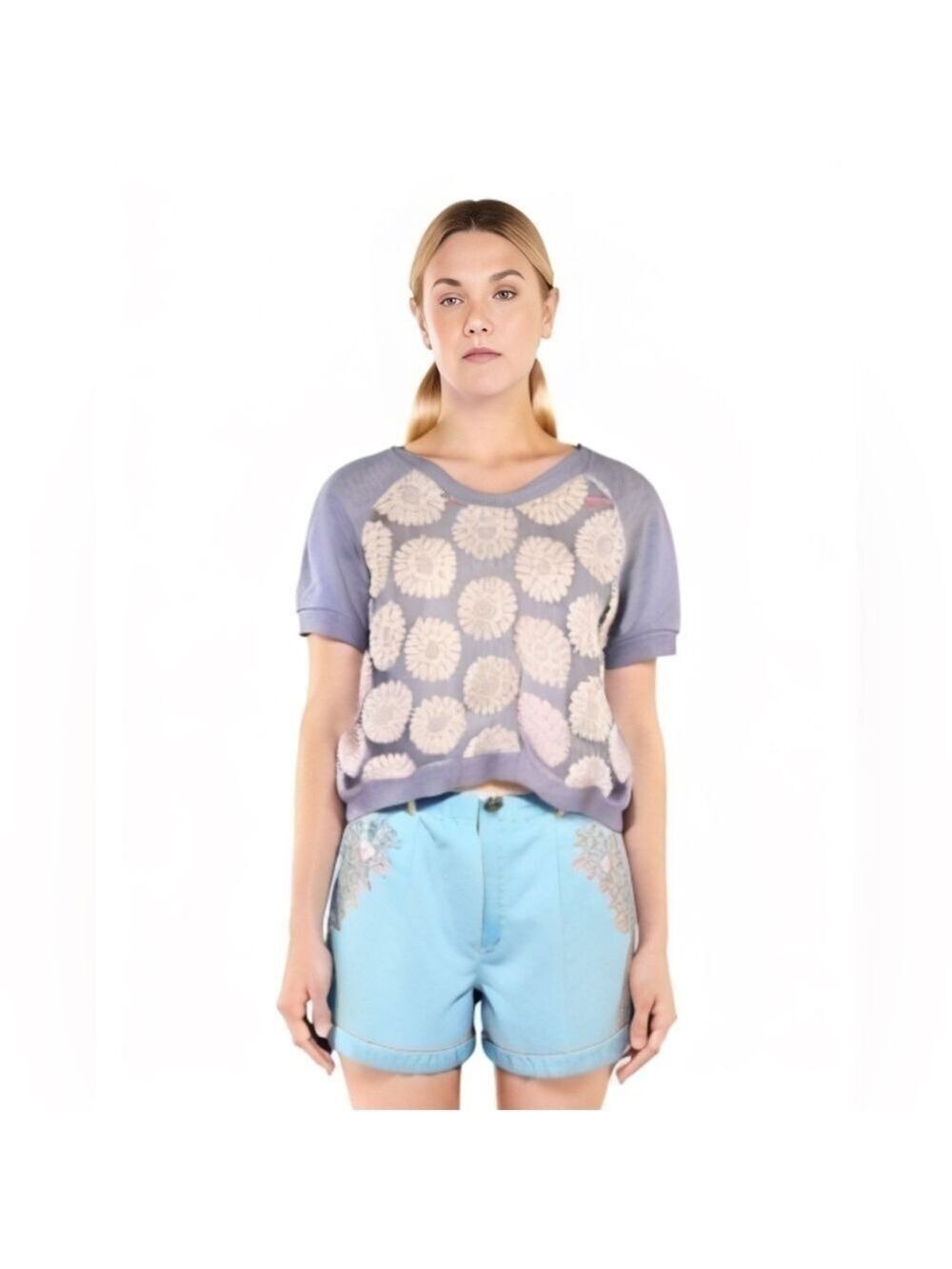Atmosphere𝅺 Floral Embroidered Pullover Short Sleeve Sweatshirt